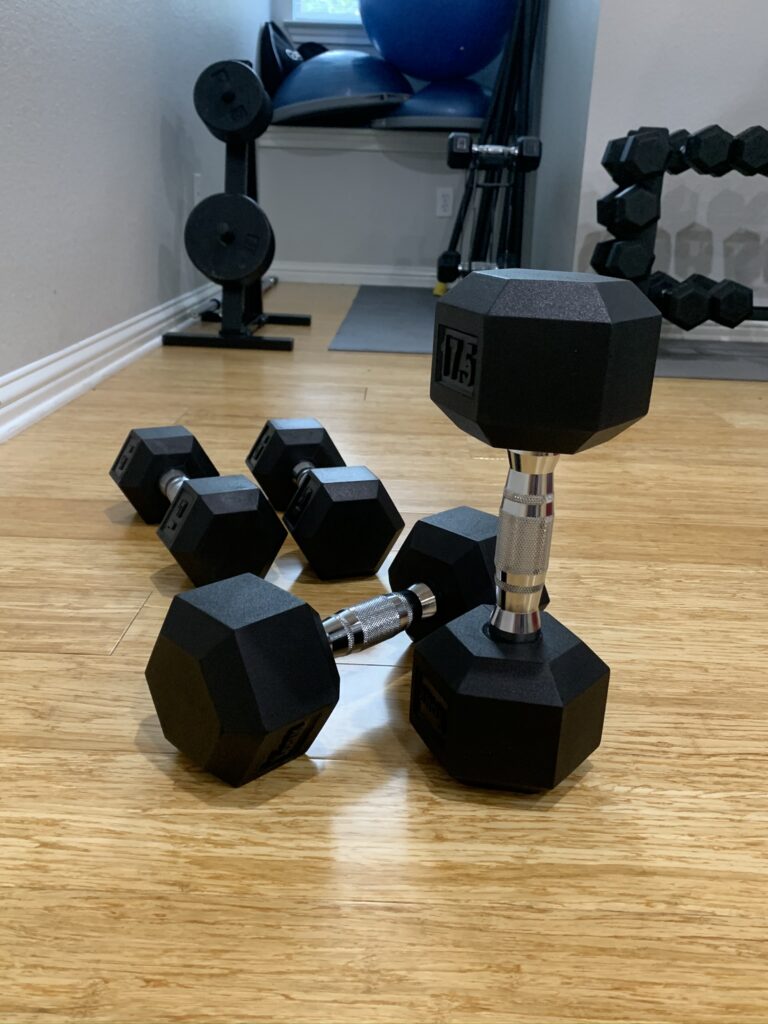 This is an image of dumbbells that a woman can use when doing her online personal training workout.