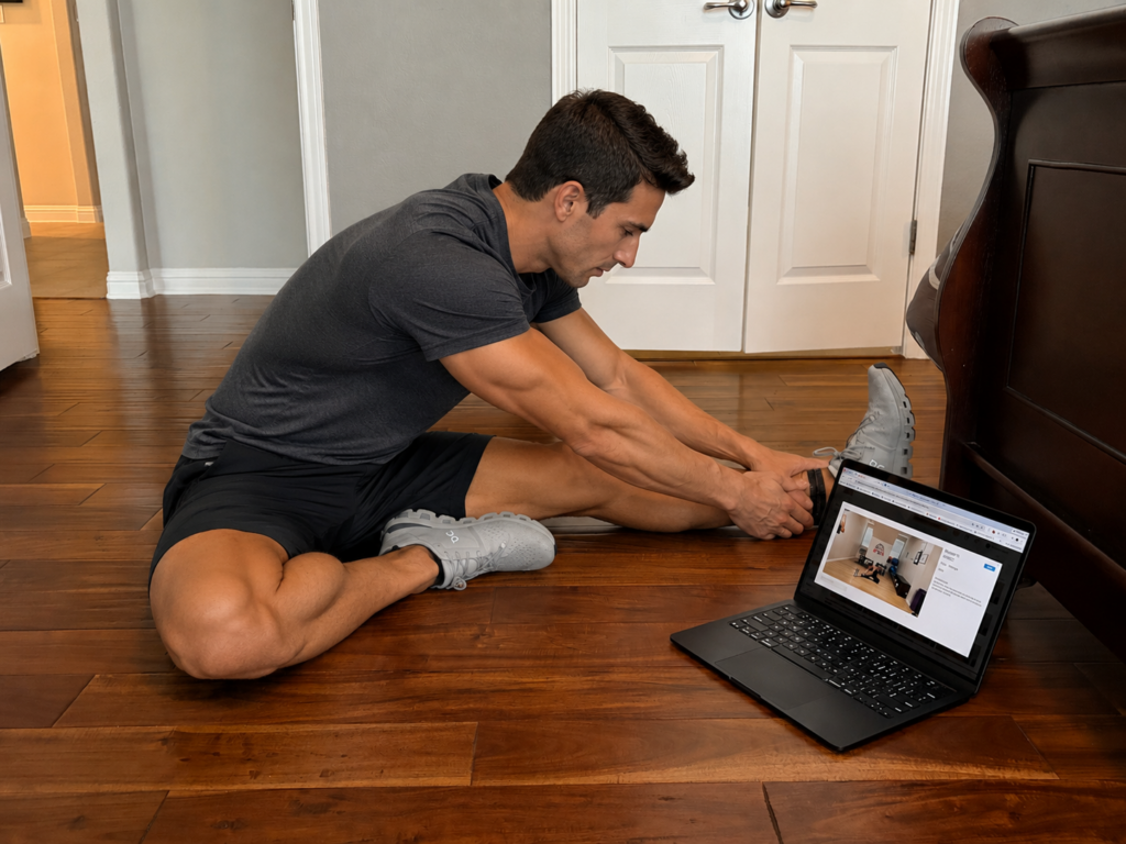This image shows a male employee stretching as part of a workout that he's doing through his company's corporate wellness benefits.